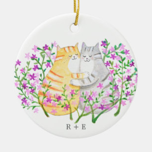 Cute Cat Couple Flowers Custom initial name year  Ceramic Ornament