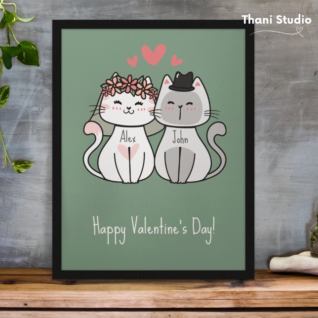 Cute Cat Couple Happy Valentine's Day Pastel Green Photo Print (Creator Uploaded)