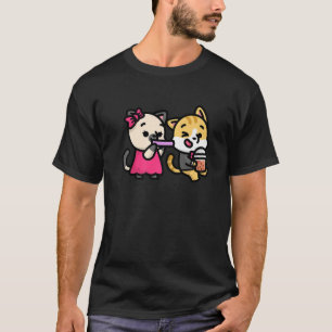 Cute Cat Couple Kawaii Boba Bubble Tea Orange T-Shirt