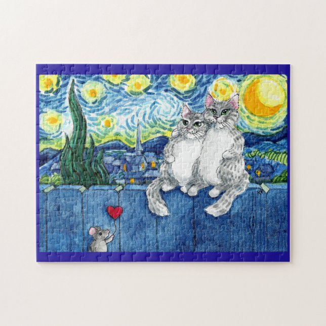 Cute cat couple, mouse Starry Night jigsaw puzzle (Horizontal)