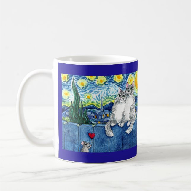 Cute cat couple mouse Starry Night Van Gogh mug (Left)