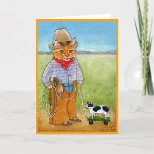 Cute cat cowboy, cattle rancher cow greeting card
