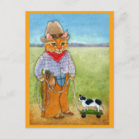 Cute cat cowboy, toy cow postcard