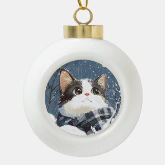 Cute cat cozy winter snow ceramic ball christmas ornament