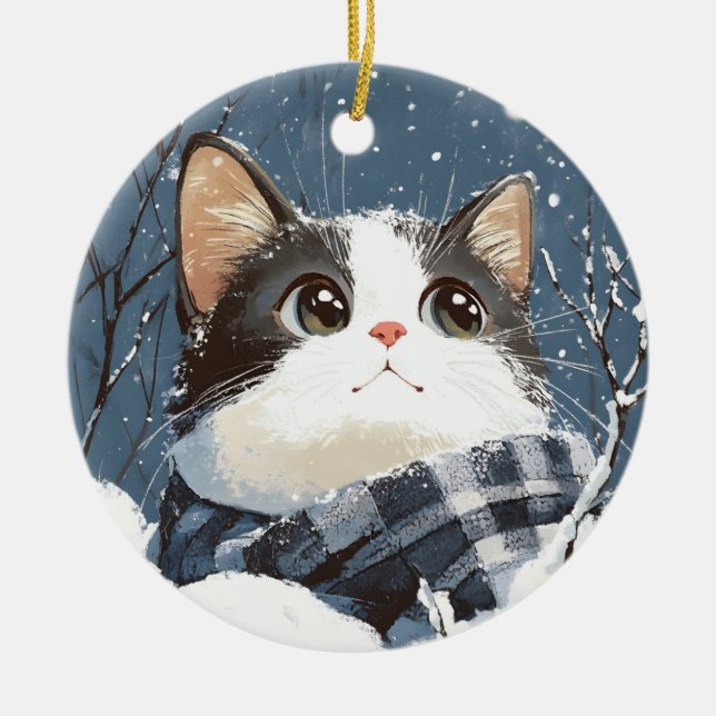 Cute cat cozy winter snow ceramic ornament (Front)