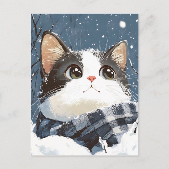 Cute cat cozy winter snow postcard (Front)