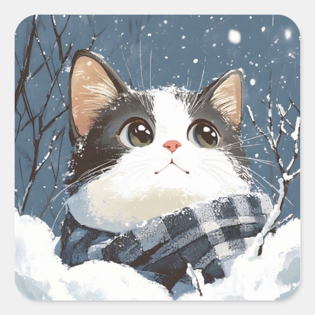 Cute cat cozy winter snow square sticker (Front)