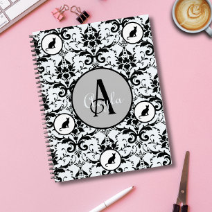 Cute Cat Damask Personalised Polka Dots Notebook