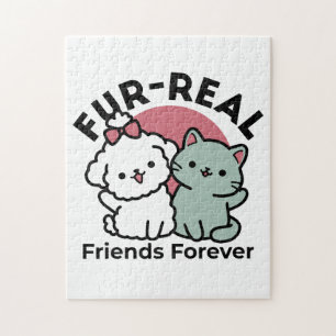 Cute Cat & Dog 'Fur-Real Friends Forever' Design Jigsaw Puzzle