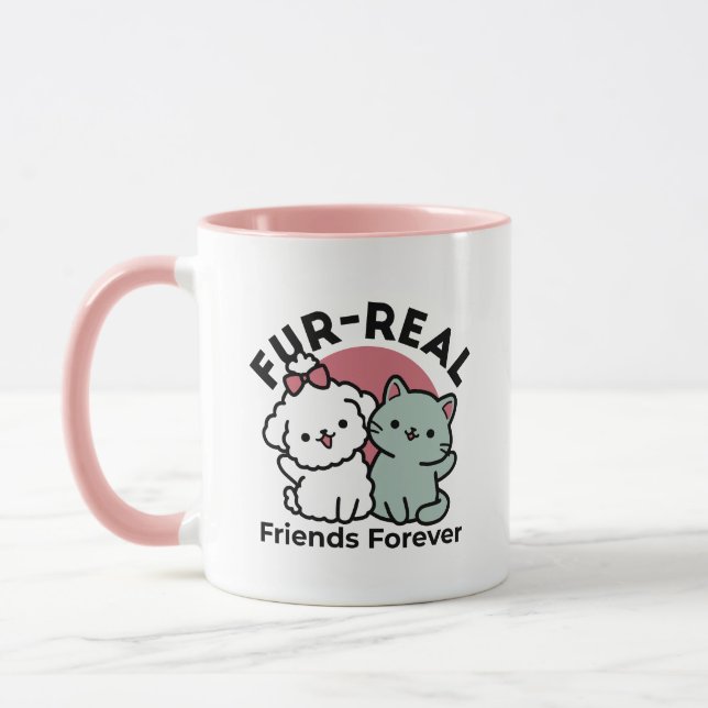 Cute Cat & Dog 'Fur-Real Friends Forever' Design Mug (Left)
