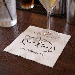 Cute Cat & Dog Line Art "Drink on Us!" Cocktail Na Napkin
