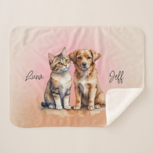 Cute Cat & Dog Watercolor Sherpa Blanket