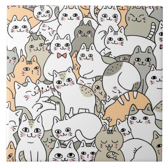 Cute cat doodle drawings ceramic tile (Front)