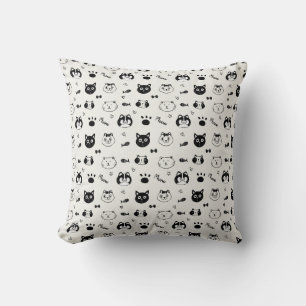Cute Cat Doodle Pattern – Black and White Cat Face Cushion