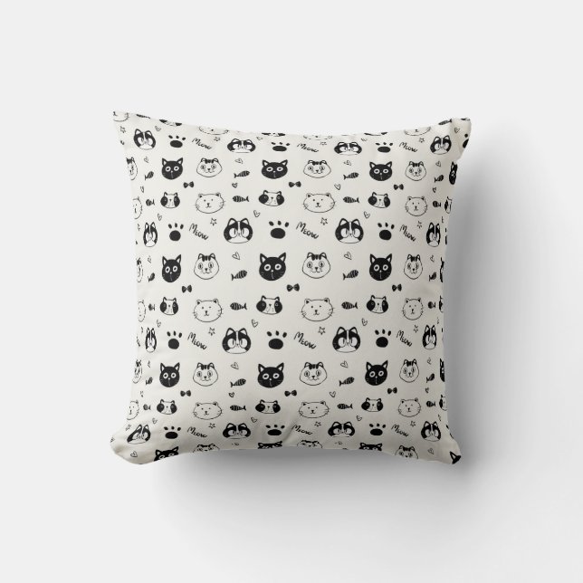 Cute Cat Doodle Pattern – Black and White Cat Face Cushion (Front)