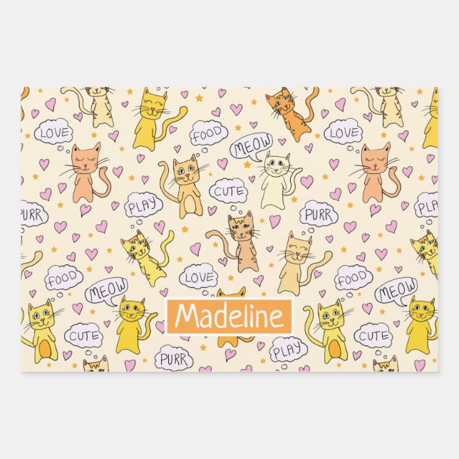 Cute Cat Doodles Pattern Wrapping Paper Sheet (Front)