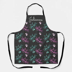 Cute Cat Doodles Pink Teal Pet Black Name Apron