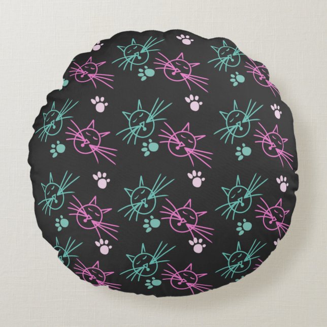 Cute Cat Doodles Pink Teal Pet Black     Round Cushion (Front)