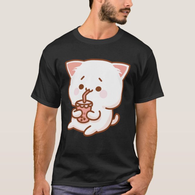Cute Cat Driking Tea with bubbles T-Shirt (Front)