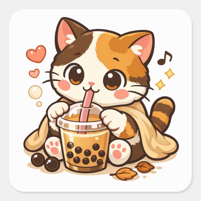 Cute Cat Drinking Bubble Tea | Kawaii Cat Design Square Sticker (Front)