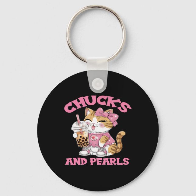 Cute Cat Drinking Bubble Tea Kitten Lover  Key Ring (Front)