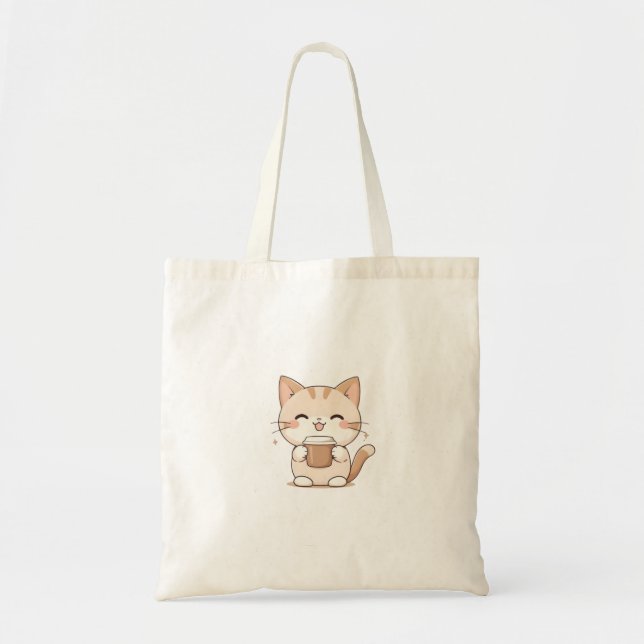 Cute Cat Drinking Coffee Kawaii Design Tote Bag (Front)