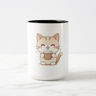 Cute Cat Drinking Coffee Kawaii Design Two-Tone Coffee Mug