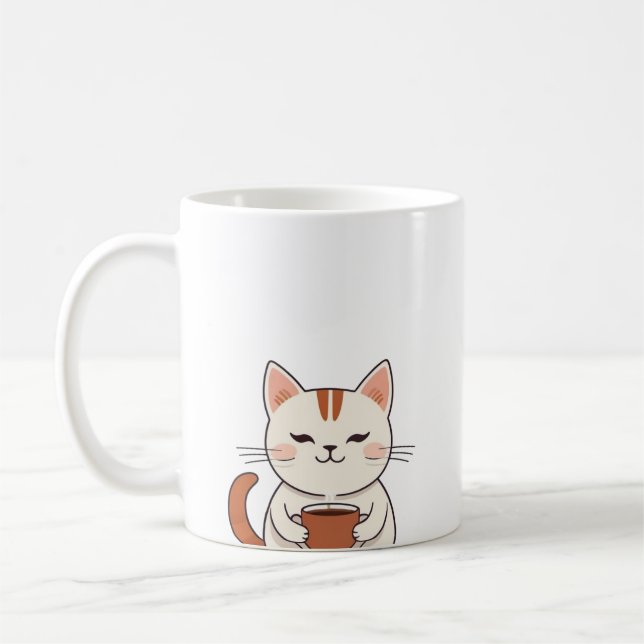 Cute Cat Drinking Coffee Mug (Left)