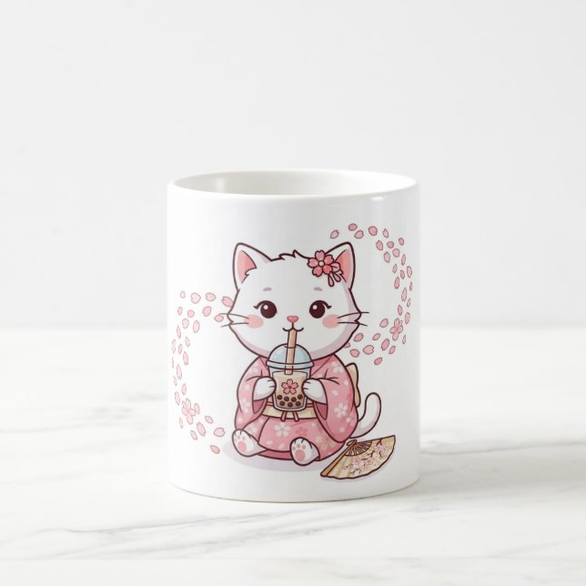 Cute Cat Drinking Sakura Bubble Tea Coffee Mug (Center)