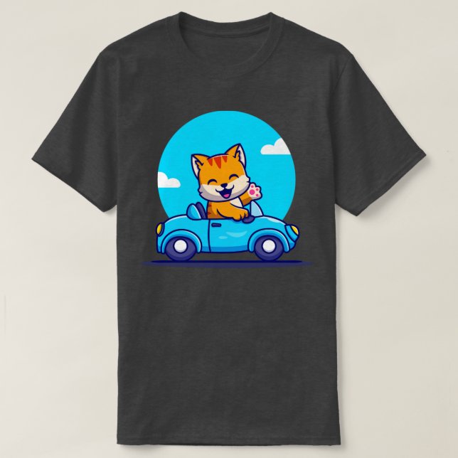 Cute Cat Driving Car Cartoon T-Shirt (Design Front)