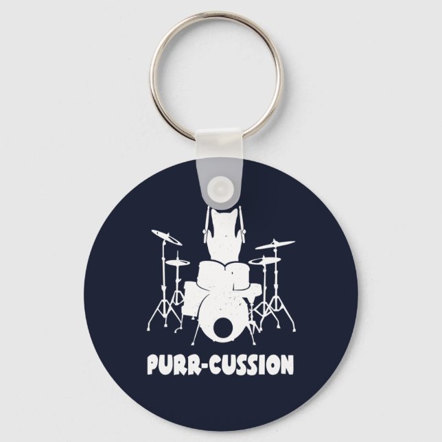 Cute Cat Drummer Purr Cussion Funny Key Ring (Front)