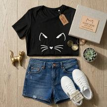 Cute Cat Ears & Whiskers Heart Nose Graphic