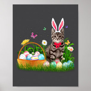 Cute Cat Easter Day Bunny Eggs Poster