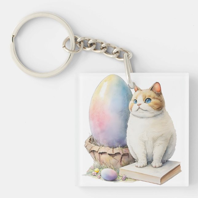 Cute Cat Easter Egg Happy Easter Day, Easter Cat Key Ring (Front)