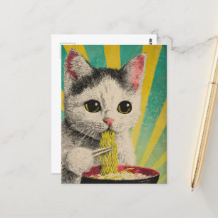 Cute Cat Eating a Bowl of Noodles Postcard
