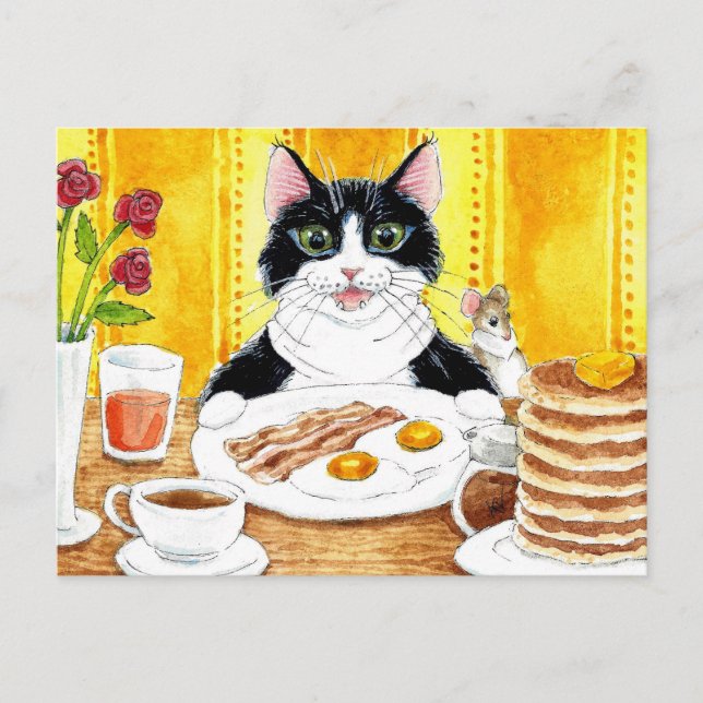 Cute cat eating breakfast postcard (Front)