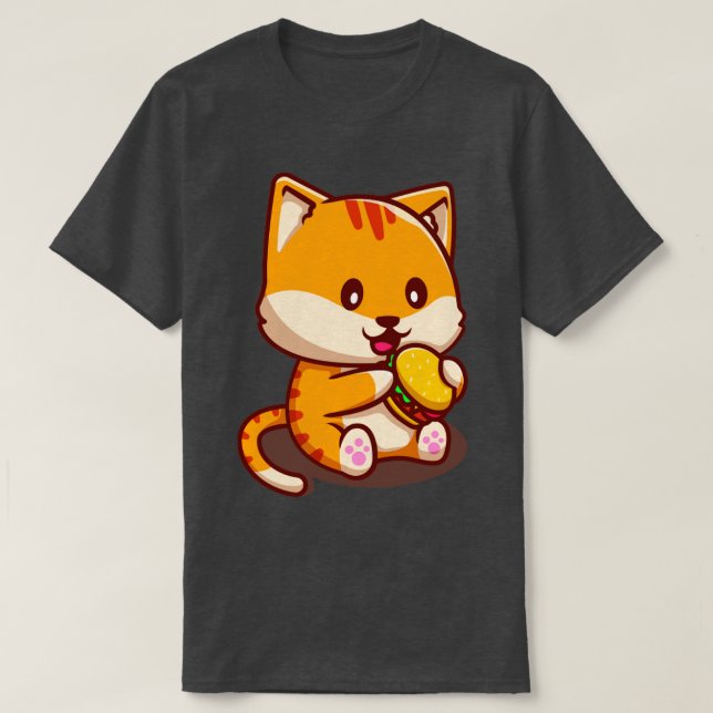 Cute Cat Eating Burger T-Shirt (Design Front)