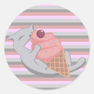 Cute Cat Eating Ice Cream Striped Classic Round Sticker