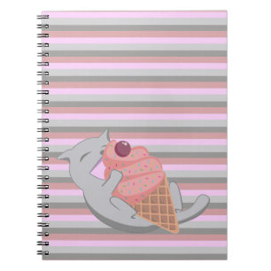 Cute Cat Eating Ice Cream Striped Notebook