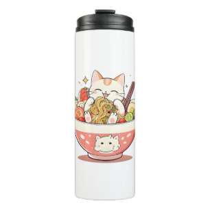 Cute Cat Eating Ramen Bowl Kawaii Design Thermal Tumbler
