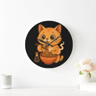 Cute Cat Eating Ramen Large Clock