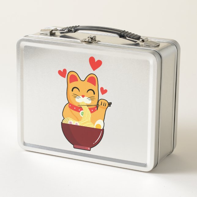 cute Cat eating Ramen Noodles, Cat Lovers Gift Metal Lunch Box (Front)