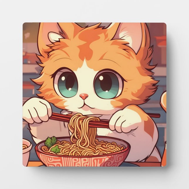 Cute Cat Eating Ramen Noodles Plaque (Front)
