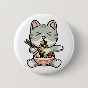 Cute cat eating soba noodles cartoon icon illustra 6 cm round badge