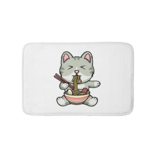 Cute cat eating soba noodles cartoon icon illustra bath mat