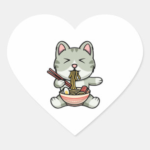 Cute cat eating soba noodles cartoon icon illustra heart sticker
