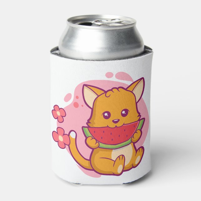Cute Cat Eating Watermelon | Kawaii Can Cooler (Can Front)