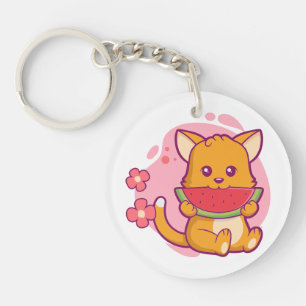 Cute Cat Eating Watermelon Kawaii Key Ring