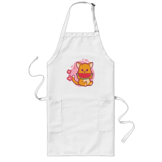 Cute Cat Eating Watermelon | Kawaii Long Apron (Front)