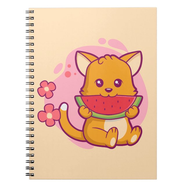 Cute Cat Eating Watermelon | Kawaii Notebook (Front)